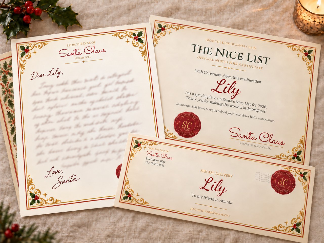 The North Pole Experience keepsake set: the letter, a matching envelope and an Official Nice List certificate