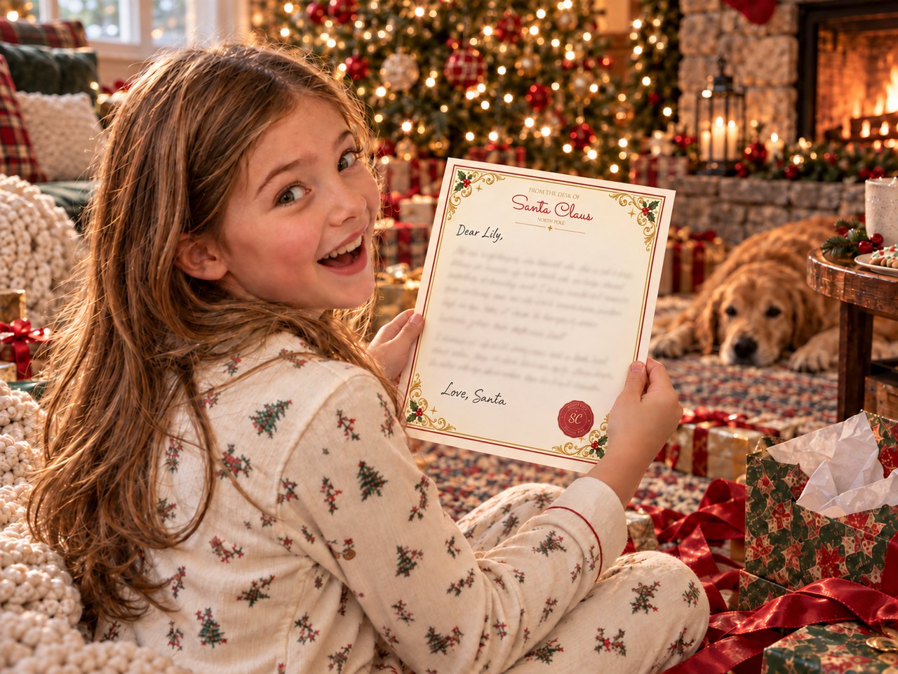 A delighted girl holding up her personalized letter from Santa by the fireplace on Christmas morning