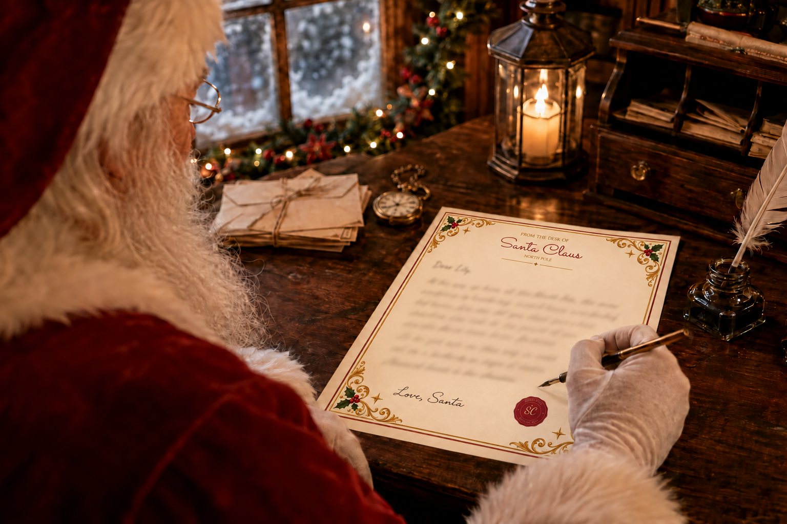 Santa writing a personalized letter at his North Pole desk
